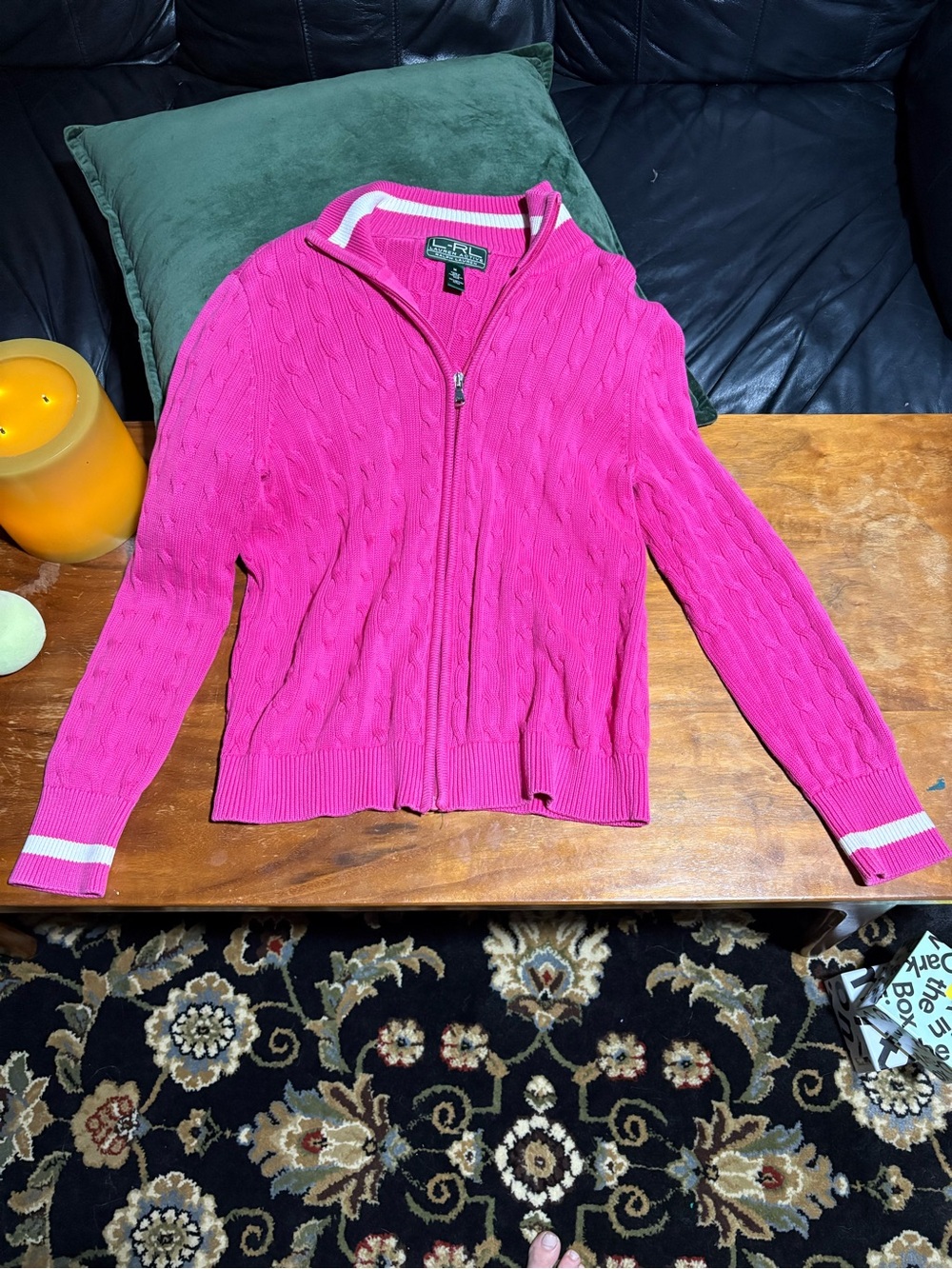 Ralph Lauren Hot Pink Cable-Knit Zip Cardigan with White Trim